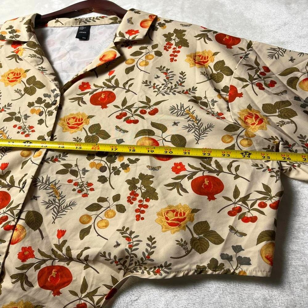 Cider Silken Cottage Front Knot Blouse Women's XL Flowers Fruits Natural Beige - Picture 6 of 7